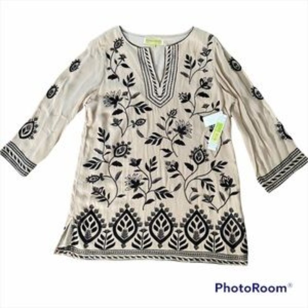 NWT Sigrid Olsen Signature Beige Tunic w/Black Embroidery-Size Large